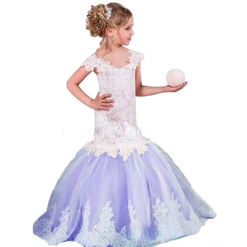 

Mermaid Flower Girl Dresses For Wedding Spaghetti Lace Floral Appliques Tiered Girls Pageant Dress Kids Birthday Party Gown