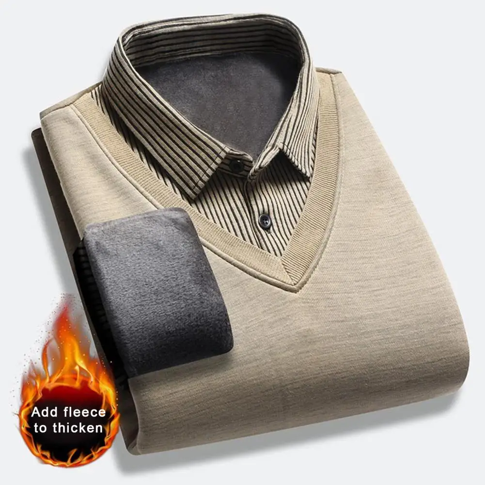 

Men Sweater Men Sweater with Shirt Collar Mid-aged Men's Striped Button Sweater with Plush Warmth Elastic Pullover for Fall