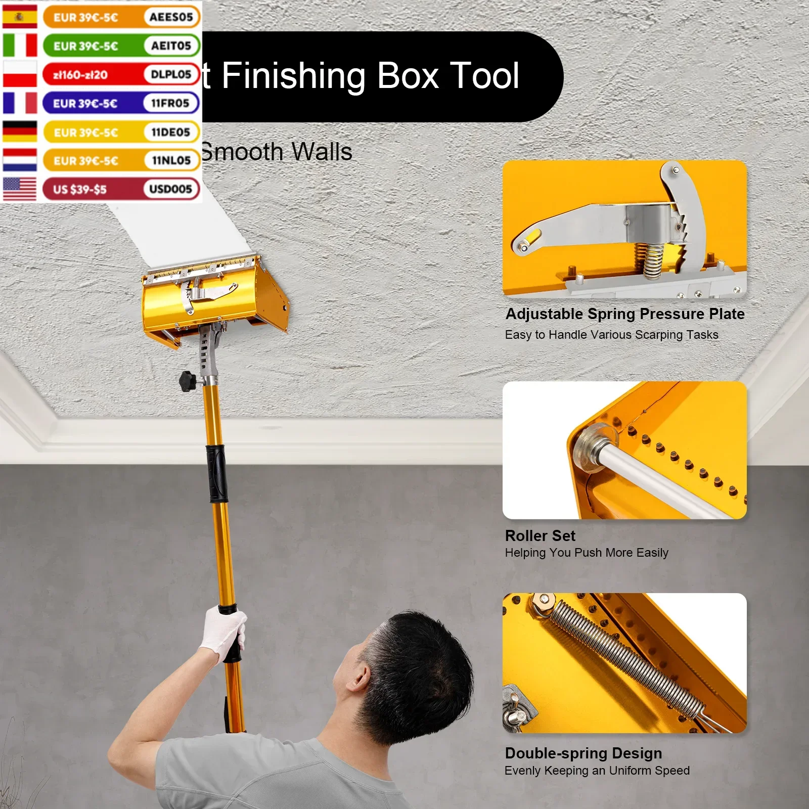 9.8Inch Portable Professional Drywall Taping Tool Flat Finish Box Set with 40''-64'' Extendable Handle