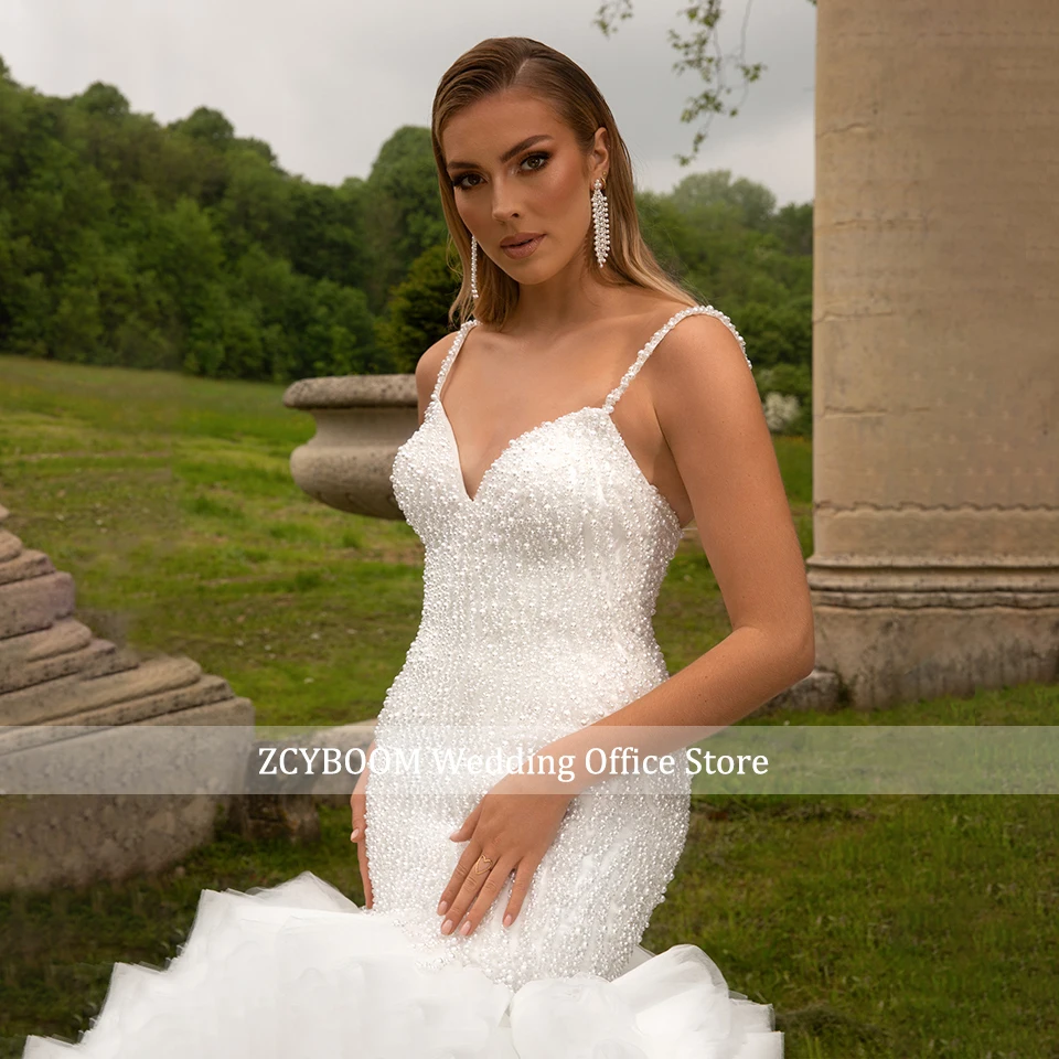 Maßgeschneiderte Brautkleider mit Spaghetti-Trägern 2026 Ärmellos mit Perlen und Pailletten Tüll-Rüschen Damen-Brautkleider Vestido De Novia – Detail 5