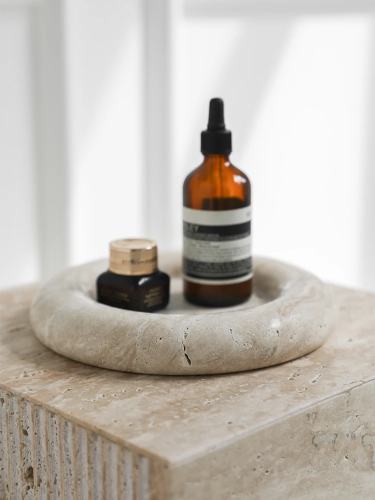 ELLDOO Vassoio Decorativo In Marmo Travertino Naturale Beige - Per Profumi, Gioielli, Candele, Piatto Portaoggetti Per Bagno, Comò, Cucina E Bar