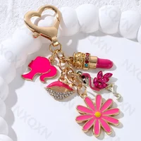 Pretty Rose Red Bag Lips Flamingos Lipstick Enamel Keychain Lovely Heart Animals Key Ring For Women Girls Handmade Jewelry Set 4