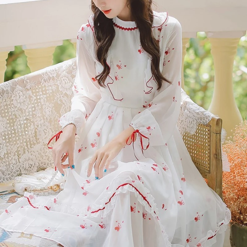 

2023 Luxury Early Spring Sweet Dress National Style Lolita White Fairy Dress Chiffon Thin Chic Small Skirt Knee Length Skirt