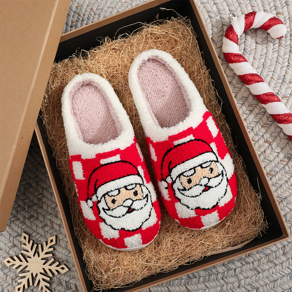 Christmas Santa Claus Slippers Plush Checkered Santa Slippers Comfortable Cute Furry Soft Couple for Men Women