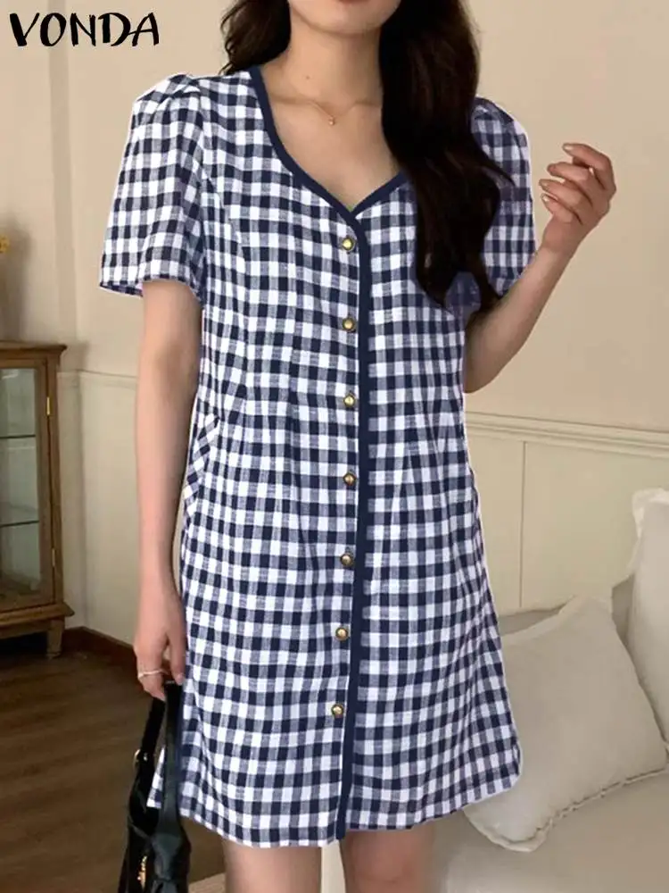 

Summer Dress 2023 VONDA Women Fashion Puff Sleeve Bohemian Plaid Printed Sundress Sexy O Neck A-Line Mini Dress Casual Vestidos