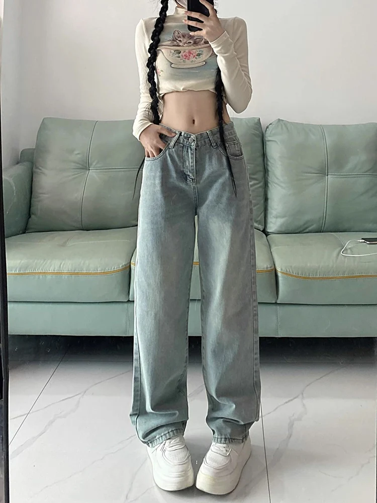 HOUZHOU Vintage Straight Leg Jeans for Women Y2k Streetwear Light Blue High Waist Denim Pants Ladies Wide Leg Jeans Casual