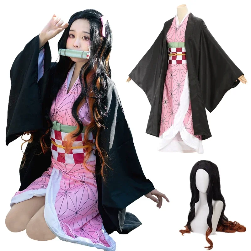 

Nezuko Cosplay Demon Slayer Kimetsu No Yaiba Kamado Nezuko Cosplay Costume Anime Wig Aldult Kids Kimono Halloween Clothes