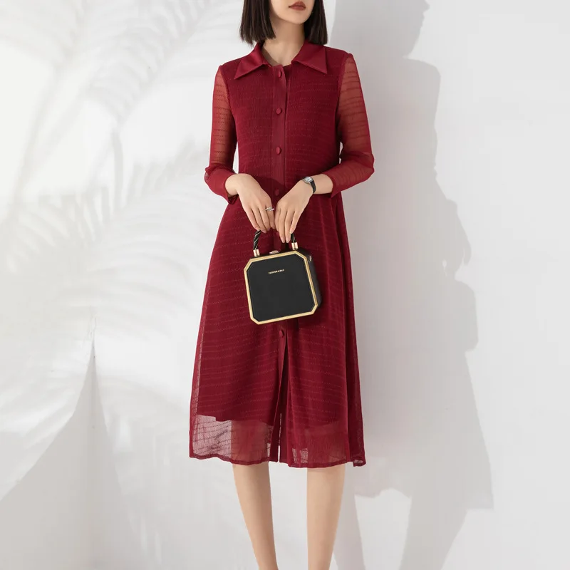

Miyake Pleated Dress Autumn Women's New 2024 Fashionable Square Neck Single-breasted Cardigan MM Lace Mid-length Skirt
