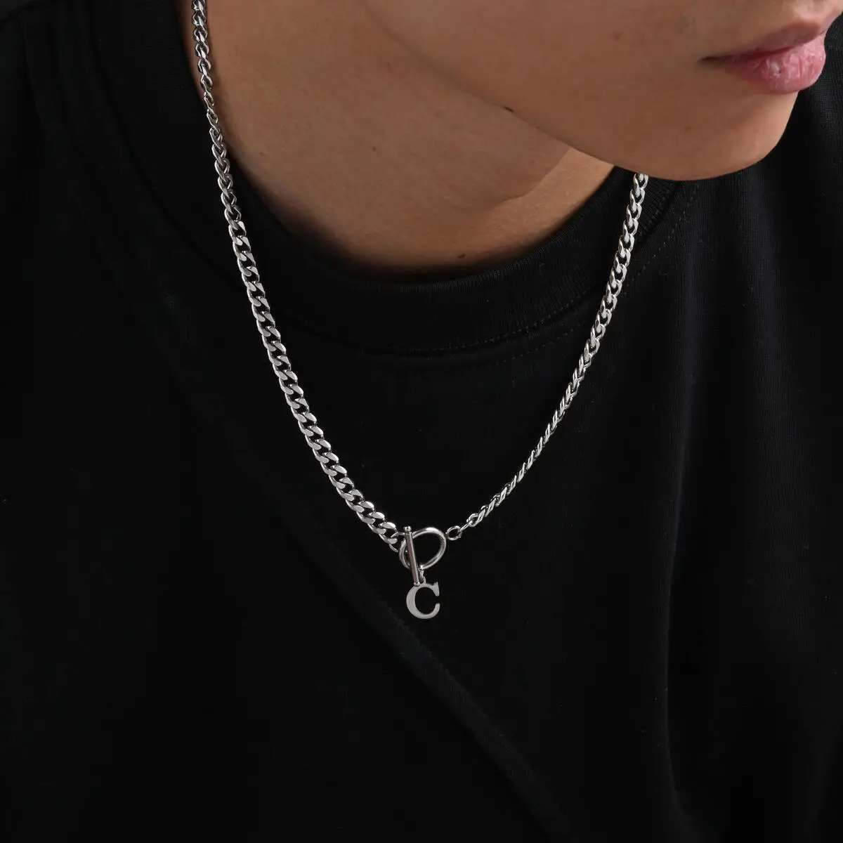 A-Z 26 Letter Cuban Chain Necklace for Men Boys,50CM Stainless Steel Chain Link Collars,Alphabet Jewelry Gift