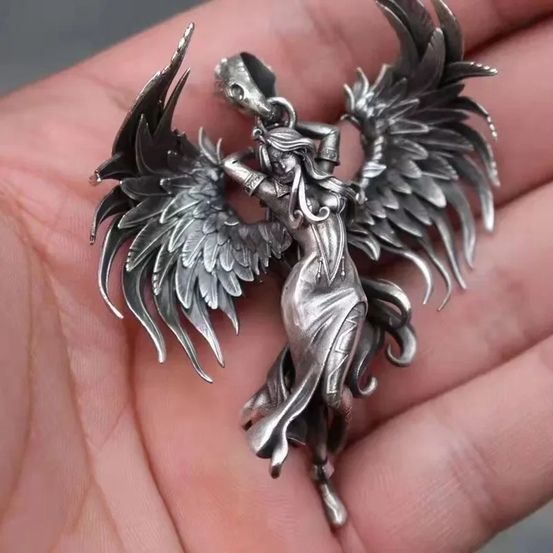 

CHUANGCHENG s925 Sterling Silver Vintage Angel Wings Gift Evil Angel Goddess Pendant Men’s Women's Necklace Chains