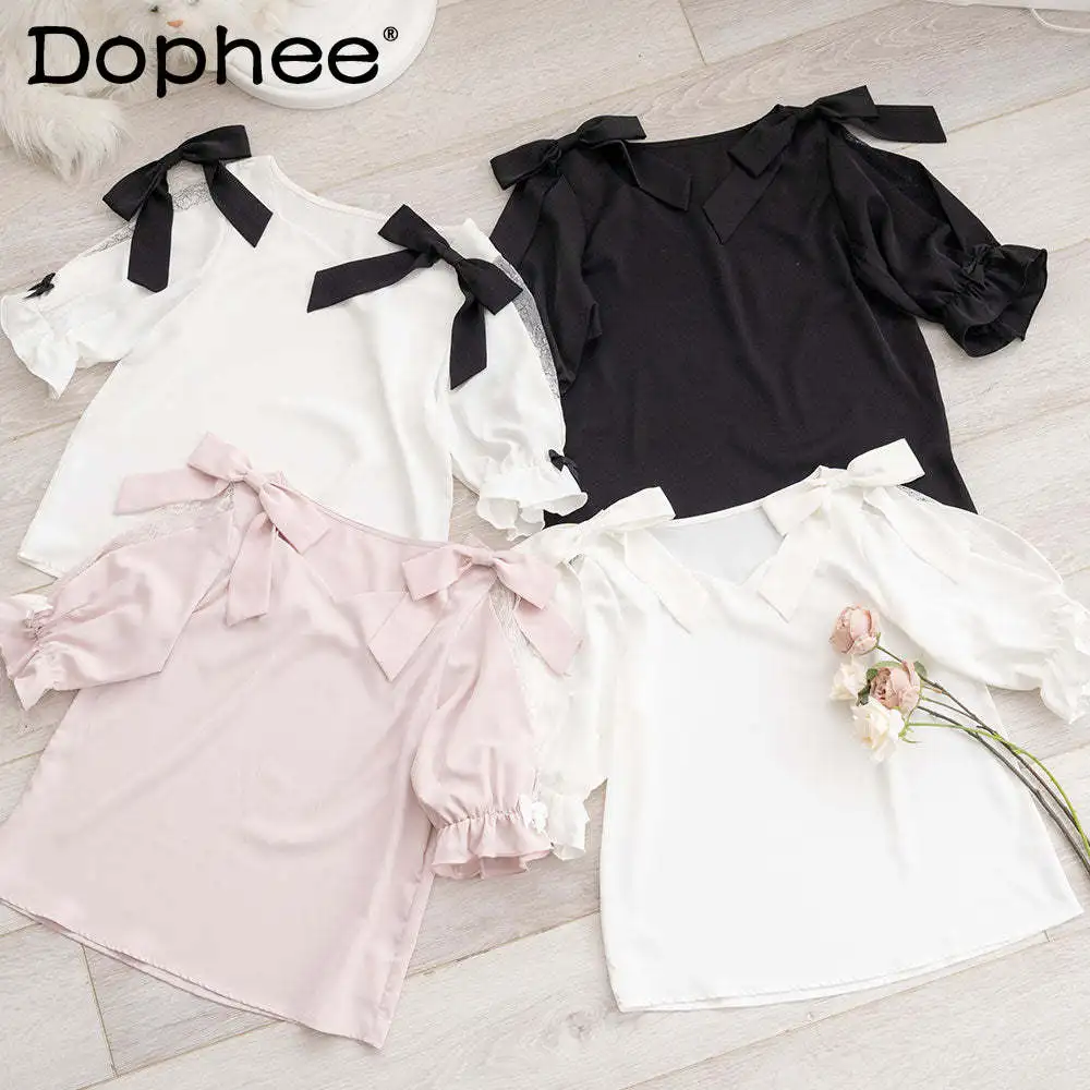 

2023 Summer New Versatile Shirt Solid Color Bow Lace Patchwork Cold-Shoulder Top Cute Lady Blouse Slimming Top Blusas De Mujer