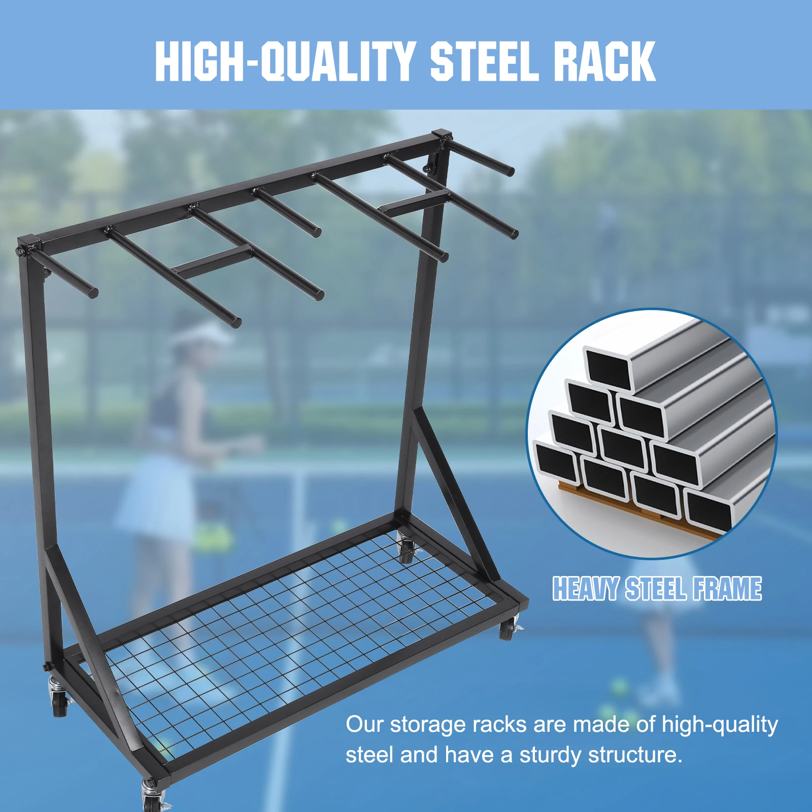 Heavy Duty Badminton Racquet Storage Rack with Wheels Tennis Racket Holder Shelf for Sports Equipment Organization