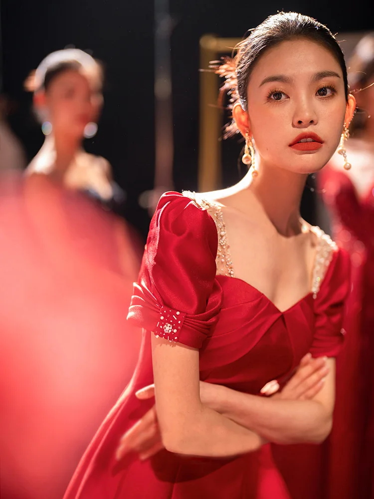 Sweat Red Long Lady Girl Women Princess Prom Banquet Party Ball Dress Performance Gown