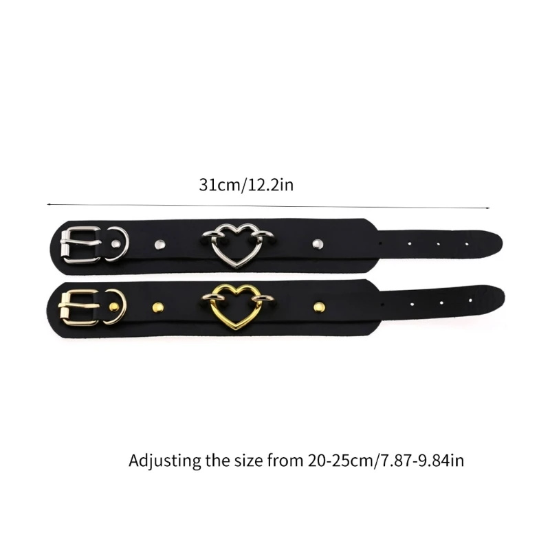 Gothic Alloy Heart Buckle Bracelet Women Men Vintage PU Leather Bangle Wrist Cuffs Adjustable Size Wristband for Club Stage Show