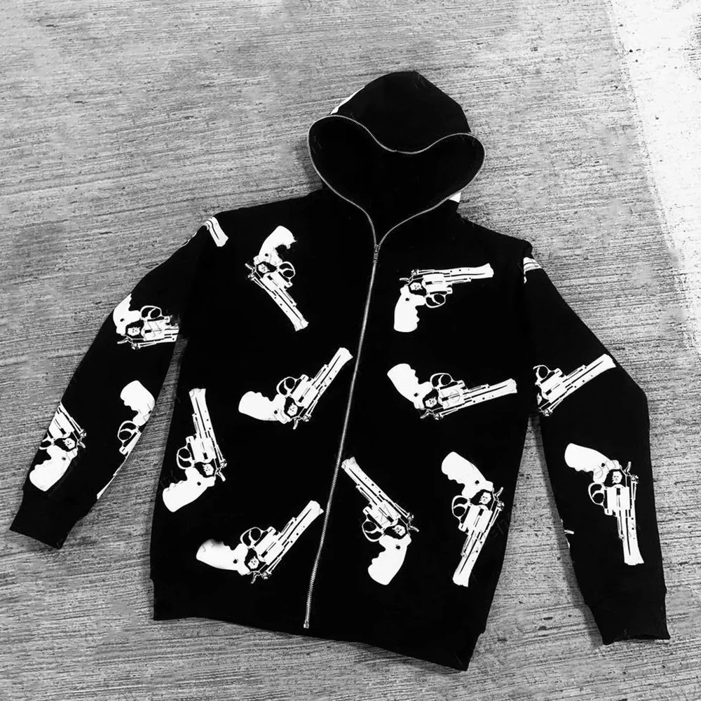 American Street Hip-Hop Rock Tatoo Hooded Jacket For Men 2023 Autumn And Winter Loose Lazy Style Plus Velvet Y2k Cardigan Jacket