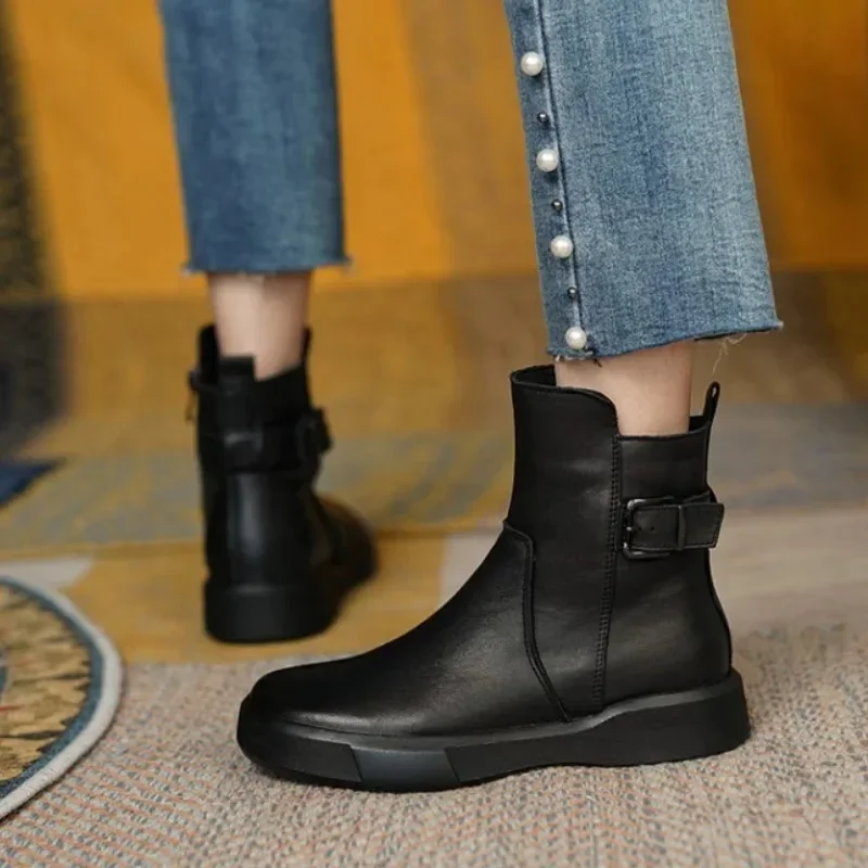 Winter Women's Shoes Leather Casual Flat Ankle Boot Female Platform Short Booties 2023 New Retro Boots for Women Autumn