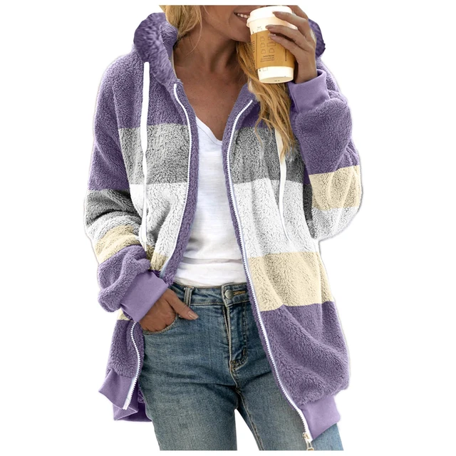 Plus Size Fleece Jacket For Women 2022 Winter Warm Plush Zipper Hoodie  Jacket Fashion Striped Casual Women's Jacket Coat Outwear - AliExpress