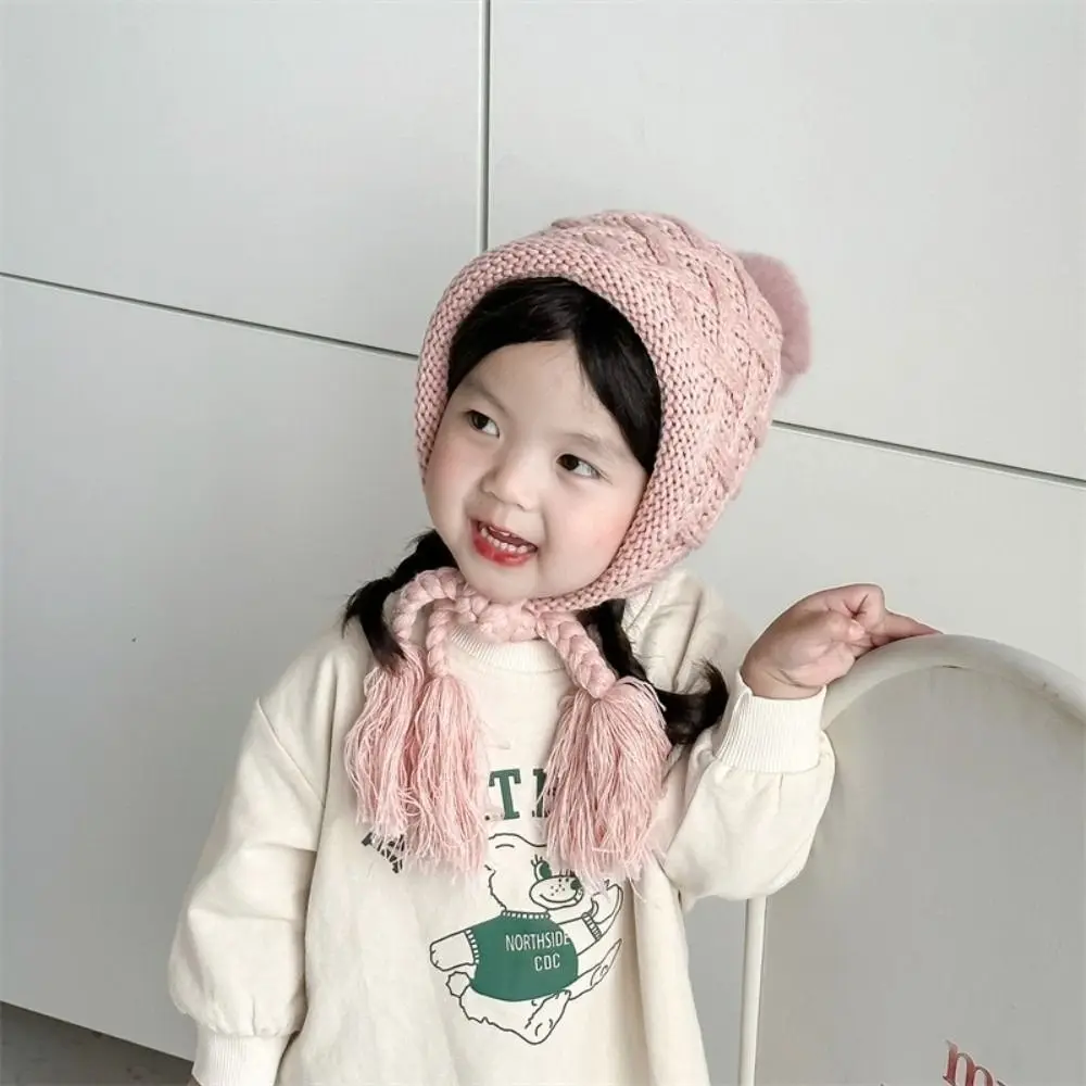 Fashion Autumn Winter Baby Crochet Hat Pom-pom Soft Warm Hand Knitted Cap Outdoor Tassel Pigtail Ear Protection Cap Toddler