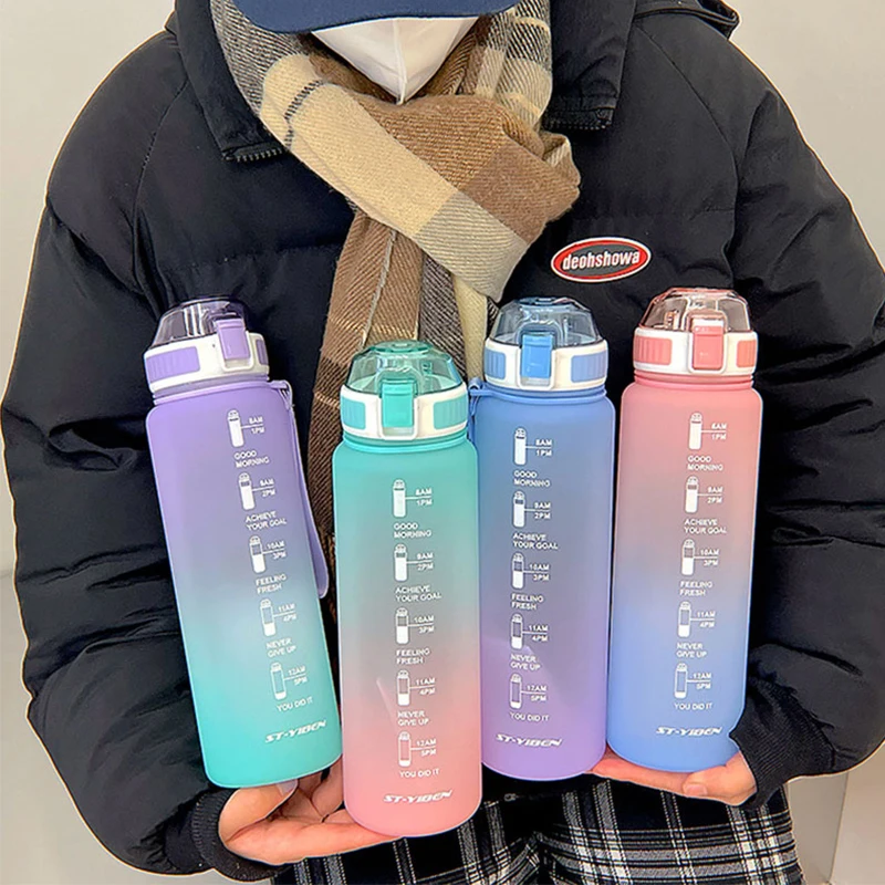 1L Water Bottle With Scale Ins Cute Plastic Leak Proof Mug Large Capacity Portable Sport Cup Summer Outdoor Travel Drink Tumbler