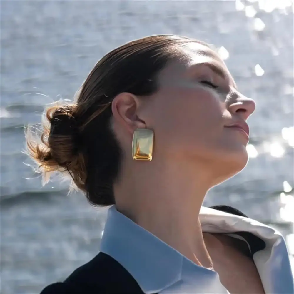 Fashion Gold Plated Texture Geometric Stud Earrings for Women Retro Stainless Steel Polished Statement Vintage Ear Jewelry Aros