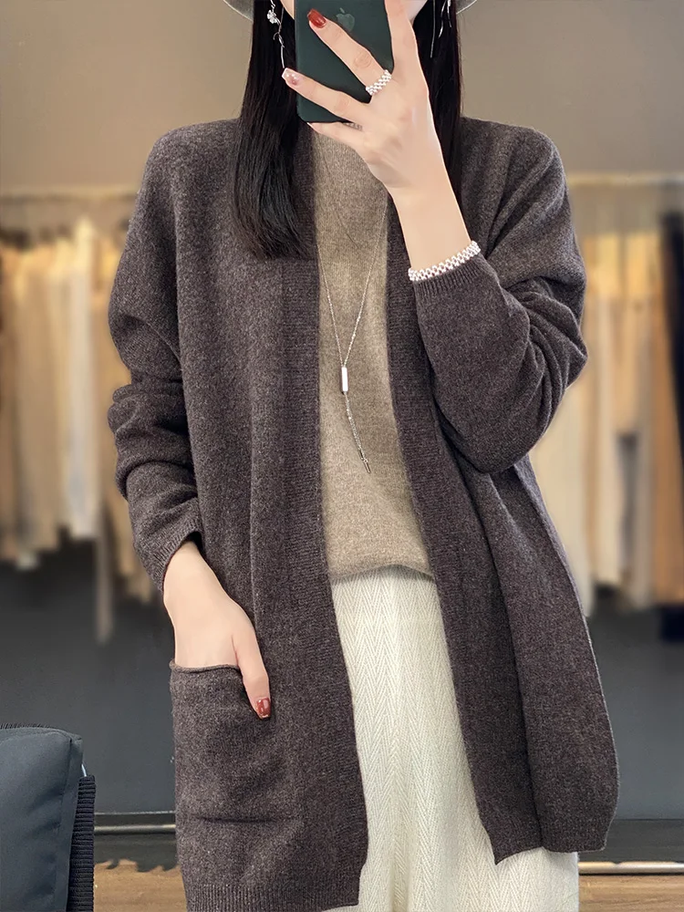 여성용 울 가디건, 오픈 스티치 니트 스웨터, Mujer 긴팔 상의, 포켓 니트웨어, 한국 패션, 아우터, 신상