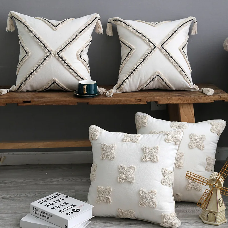 

Ins Style Tufted Cushion Cover 30X50cm 45X45cm Geometric Cotton Tassel Throw Pillow Case For Living Room Home Decroative