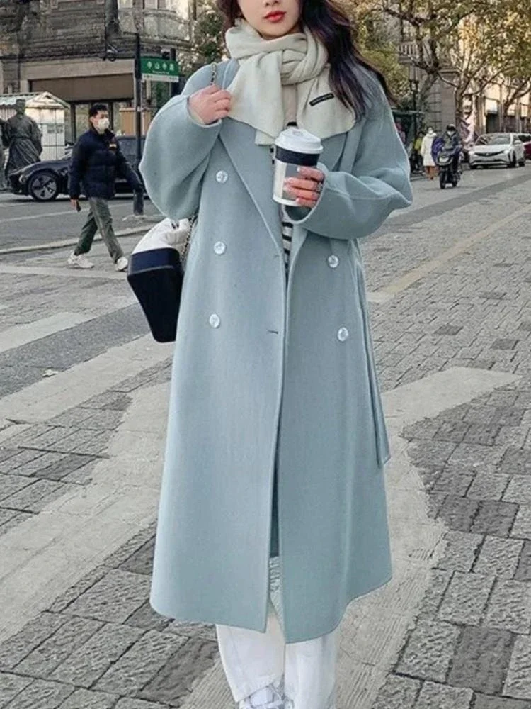 

Korean Fashion Women Casual Loose Woolen Coat Elegant and Chic Solid Outerwear Long Overcoat with Belted Female Warm Cloak