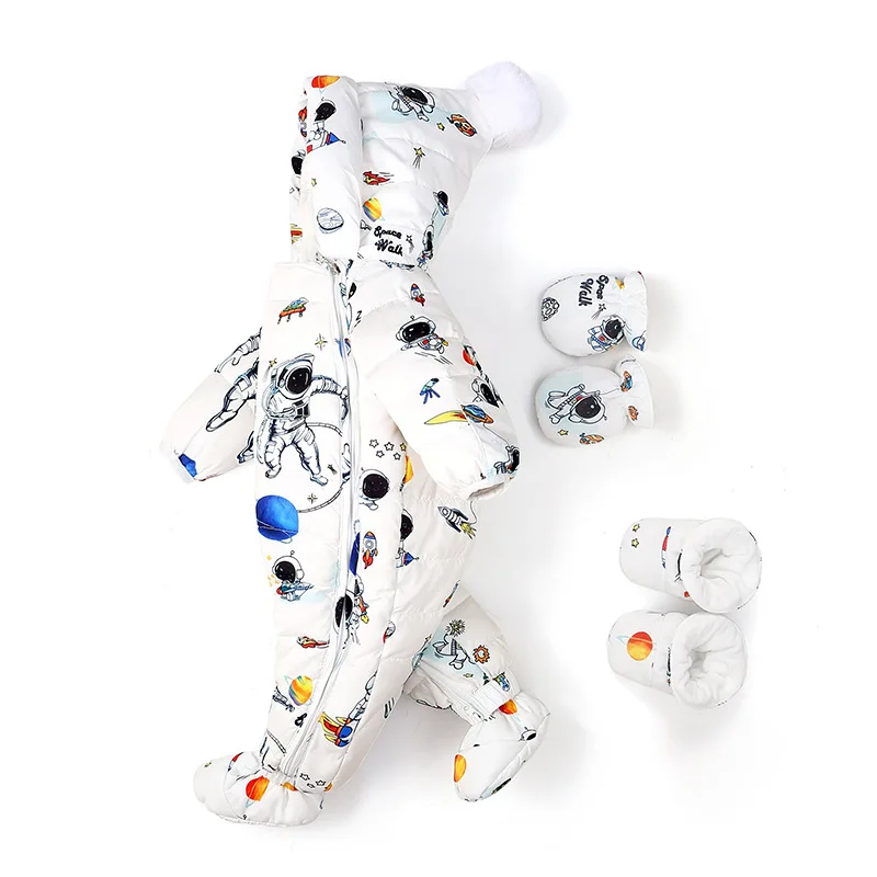 Clibeso Winter Overalls for Newborn Baby Thick Down Jacket Boys Girls Romper Infant Astronaut Cartoon Pattern Jumpsuit