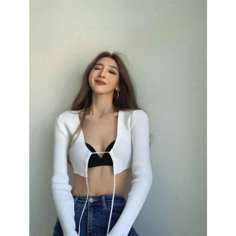 

Sexy Design V Neck Hollow Lace Up Short Knit Long Sleeve Top Women