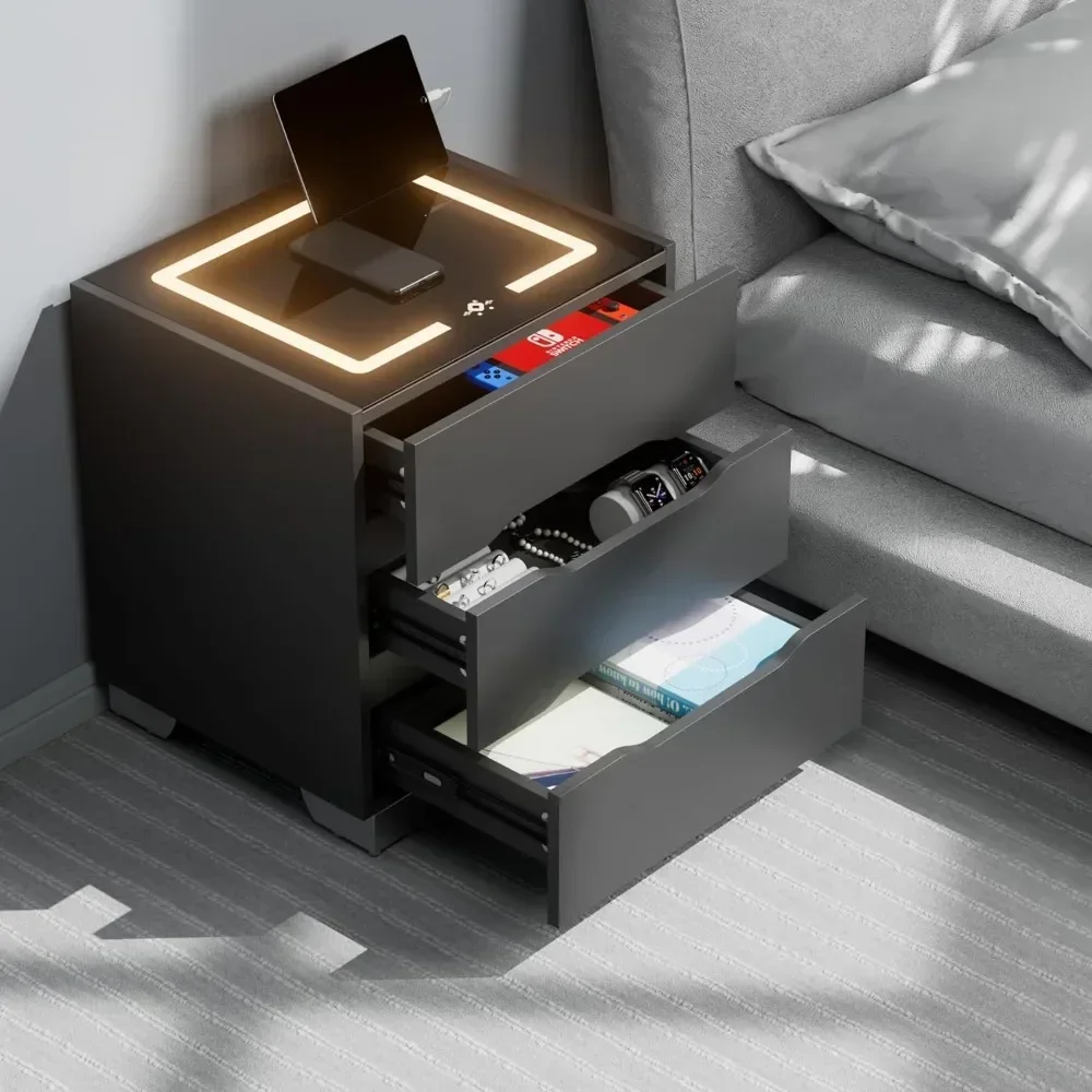 

Modern Nightstands Bedside Table with LED Lights, Charging Station and Smart Occupancy Sensor with Drawers for Bedroom Furniture