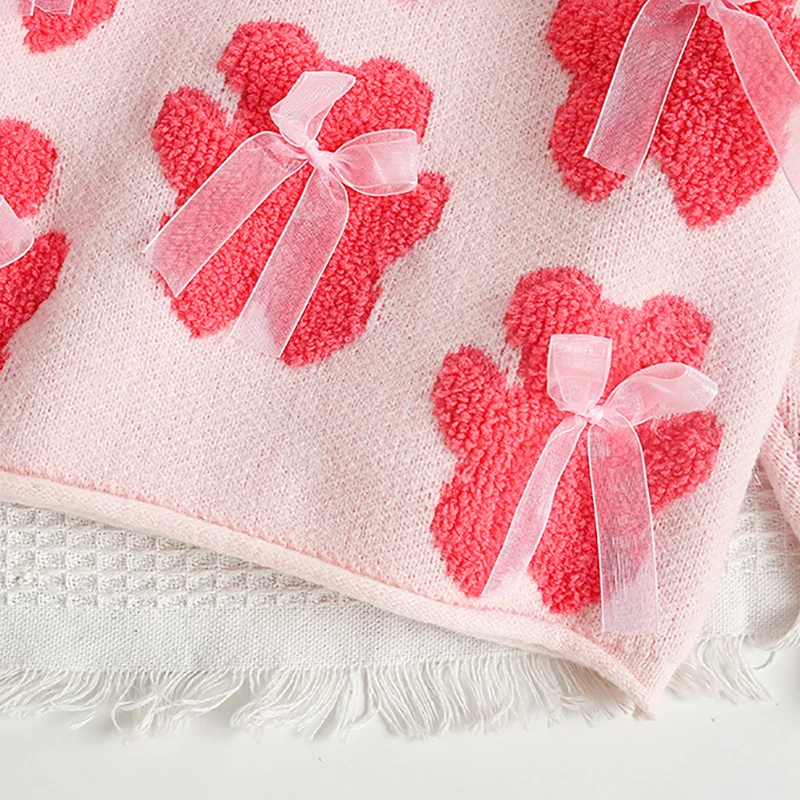 Girls Knitted Sweater Autumn Bear Bow Kids Outwear