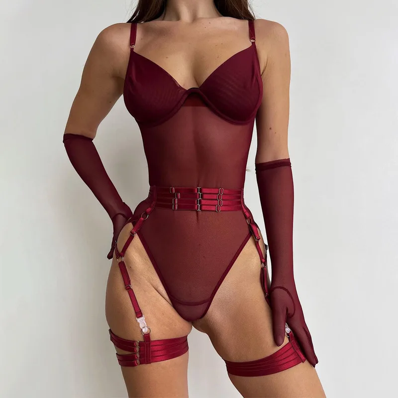 

Tight Fitting Lace Bodysuit Sexy See Through Erotic Body With Gloves Garter Night Club Outfit Sissy Crotchless Mesh Top