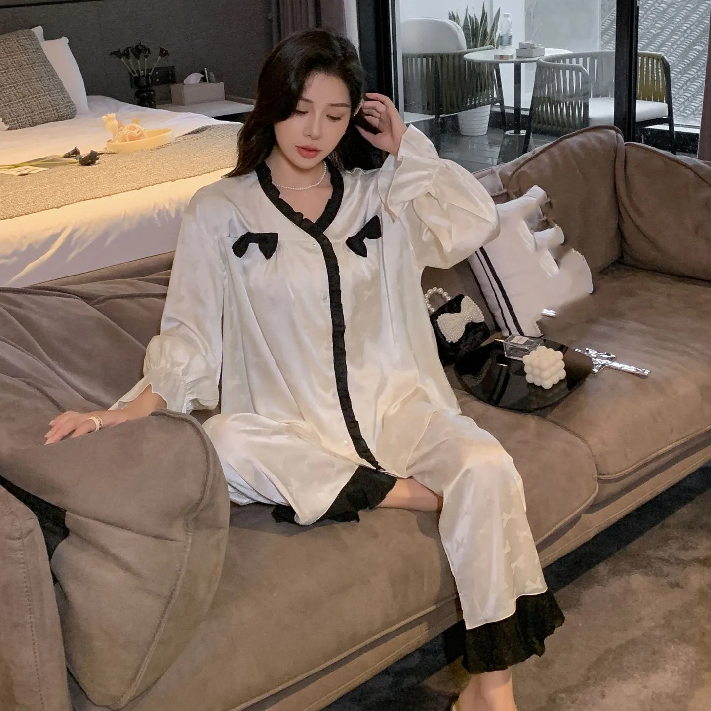 

Spring Bow Jacquard Satin 2PCS V-Neck Pajamas Suit Women Sleepwear Long Sleeve Shirt Pants Pyjamas Sleep Set