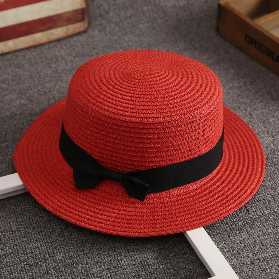Neuer Panama Einfacher Sommer-Strandhut für Damen, Lässiger Strohhut mit Flacher Krempe und Schleife, Sonnenhut für Mädchen, Chapeu Feminino – Detail 13