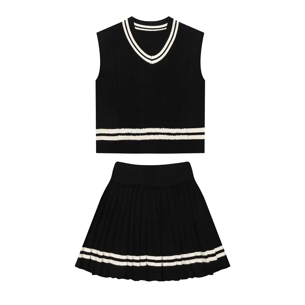 thumbnail image 1 of HH TRAF Traje elegante de dos piezas para mujer, sin mangas, con cuello de crochet en contraste, minifalda de punto plisada con cintura elástica estilo universitario para mujer, 1 of 4