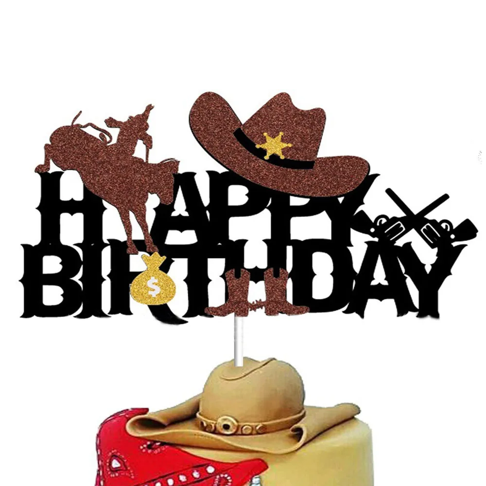 Glitter Cowboy Happy Birthday Cake Topper Cowgirl Casco Boot Shooting Theme Cake Decor Per Western Horse Racing Party Supplies