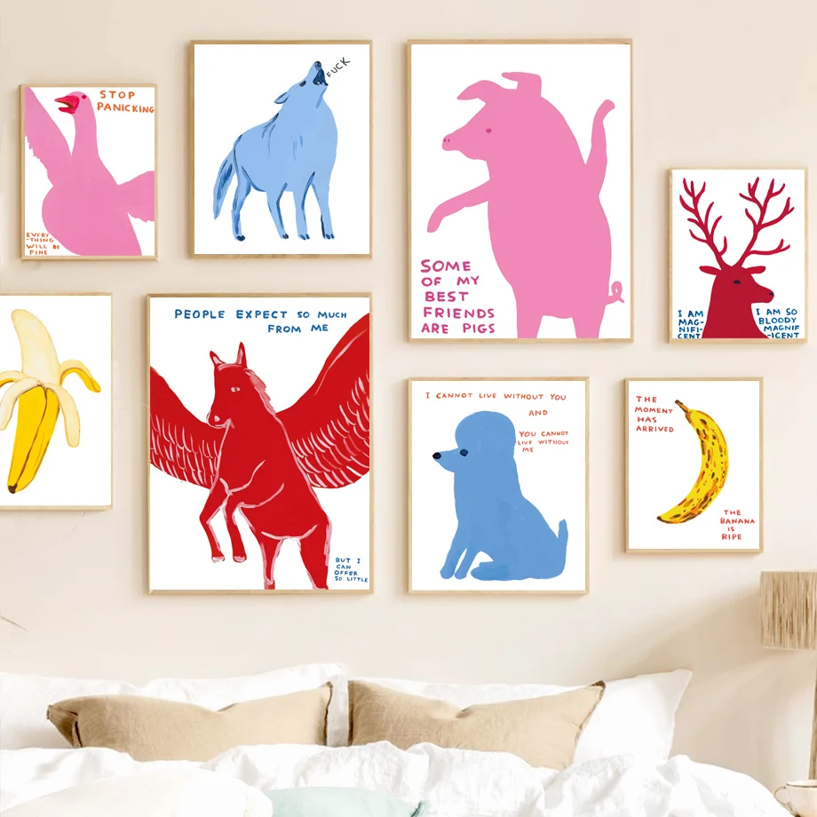 David Shrigley Wolf Pig Goose Banana Wall Pop Art Canvas Painting Nordic Poster E Stampe Immagini A Parete Per La Decorazione Del Soggiorno