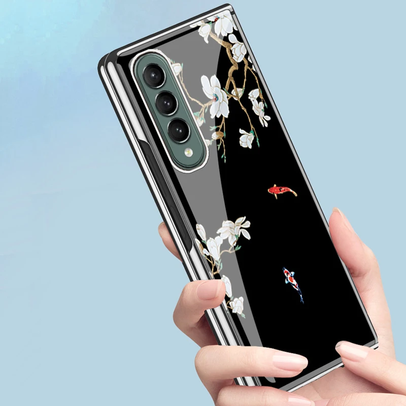 

Новый чехол для Samsung Galaxy Z Fold 4 Z Fold 3 2 с рисунком розы, цветов, рыб, покрытие из закаленного стекла, оболочка, чехол для телефона