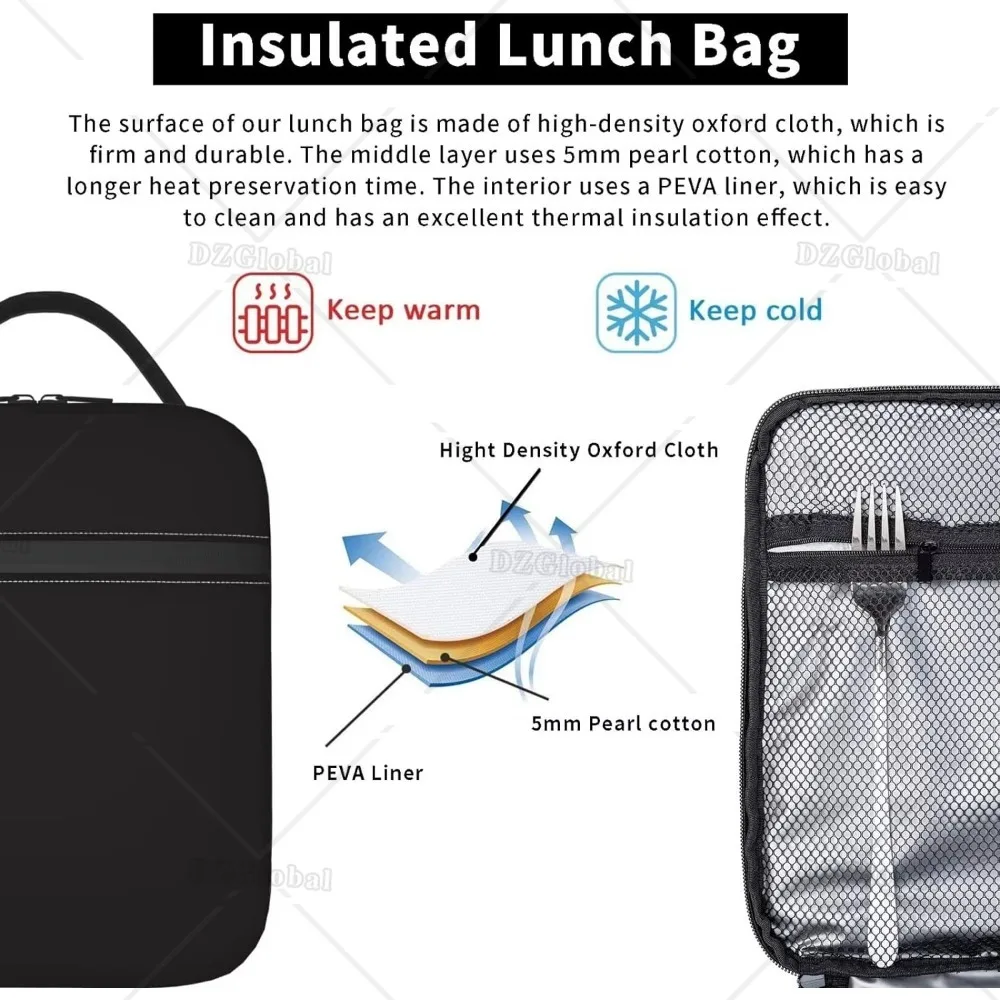 Black Lunch Box for Women Men Reusable Insulated Lunch Bag for Boys Girls Teens Bento Totes Picnic Beach Fishing Work School