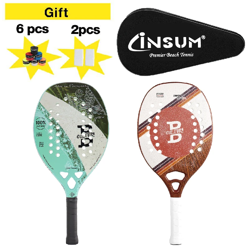 Beach Tennis Racket 3K Carbon EVA Soft 22mm Round Grit with Cover Bag