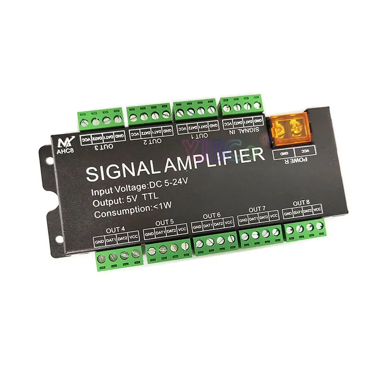 

8 channels Pixels 5050 RGB LED Strip Amplifier DC 5V-24V 12V Input,5V TTL signal Output,WS2811/WS2812B/1903 Light Tape Repeater