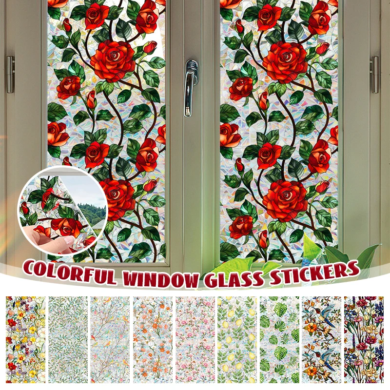 Window Film Window Privacy Film Window Tint Sticker Adhesive Vinyl Stickers Window Film Static Cling Privacy Protection Stained Glass PVC Colorful Plants Flowers Printed Home Decor