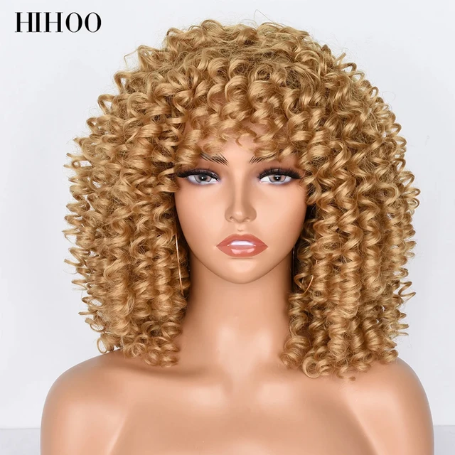 Afro Kinky Curly Wig With Bangs Short Synthetic Wigs For Black Women Omber Brown Blonde Glueless Cosplay Hair High Temperature 27