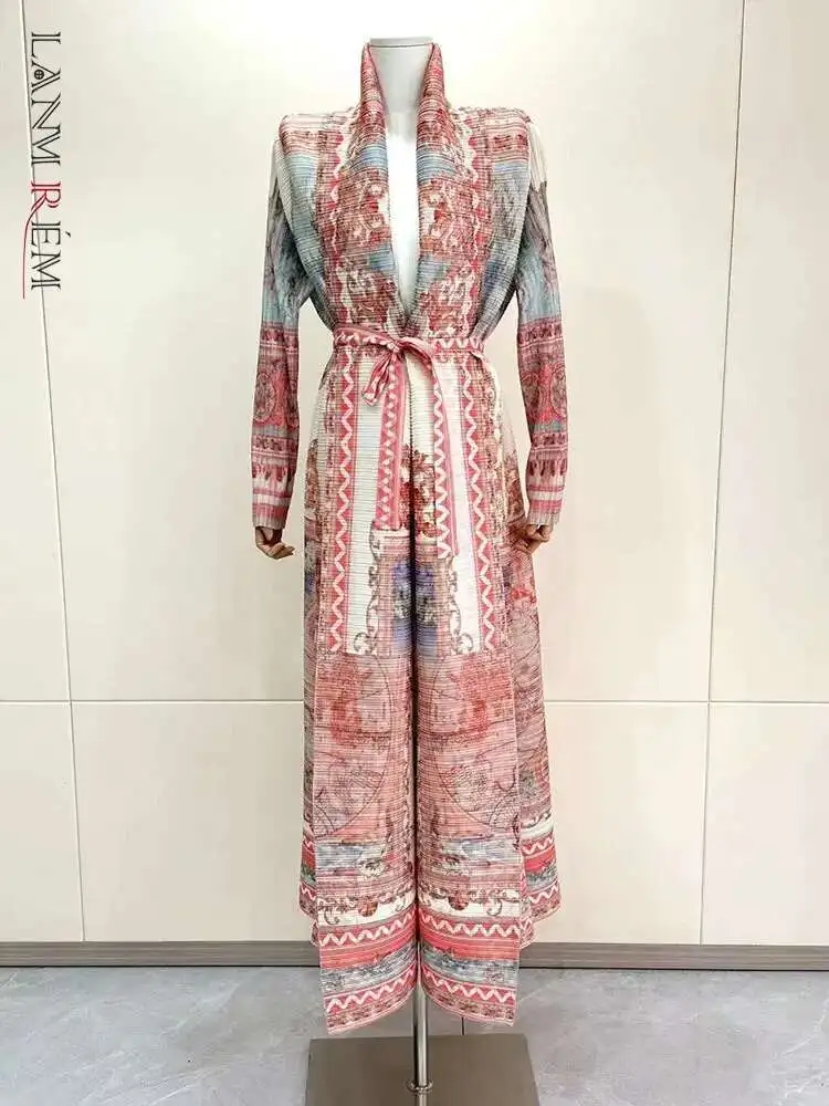 LANMREM Pleated Print Office Lady Trench Women's High Stretch Lace-up Gathered Waist Open Stitch 2024 Female Autumn New 2Z2264