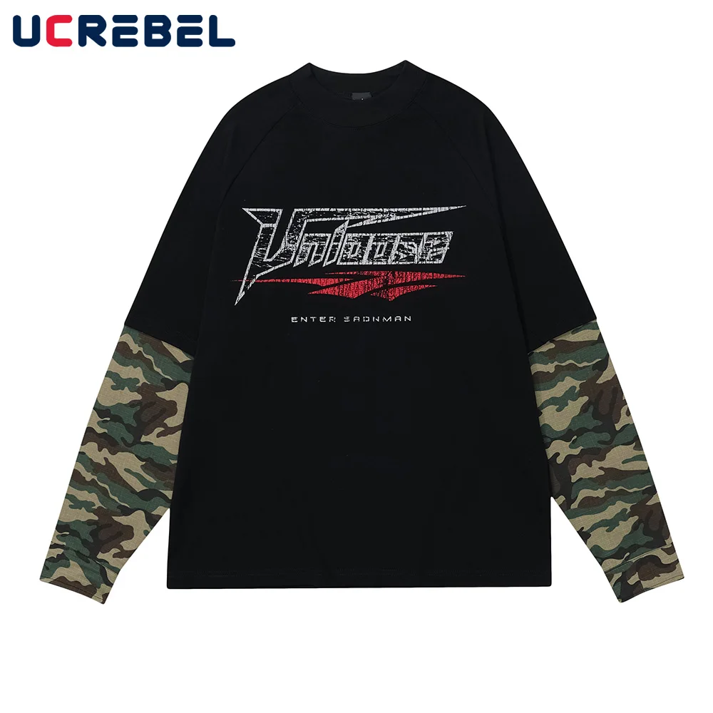 

Letter Print Fake Two Pieces T-shirt Mens Spring High Street Camouflage Spliced Long Sleeve Crew Neck Raglan Long Sleeve Tee Men