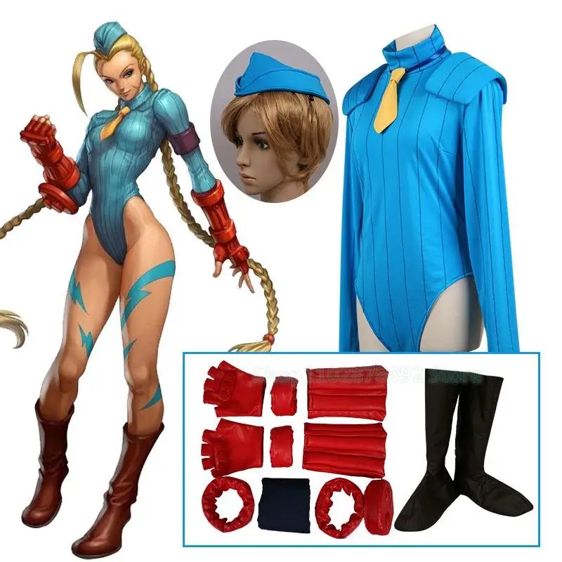 

Street SF Fighter Cammy White Cosplay Costume Wig Jumpsuit Game Sexy Role Play Uniform Halloween Carnival Fancy Dress up