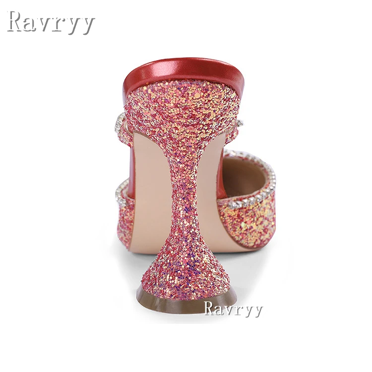 2023 Summer New Bling Glitter Pointed Toe Slippers Diamond Decor Wine Cup Heel 10CM High Heel No Leaking Toes Female Sandals