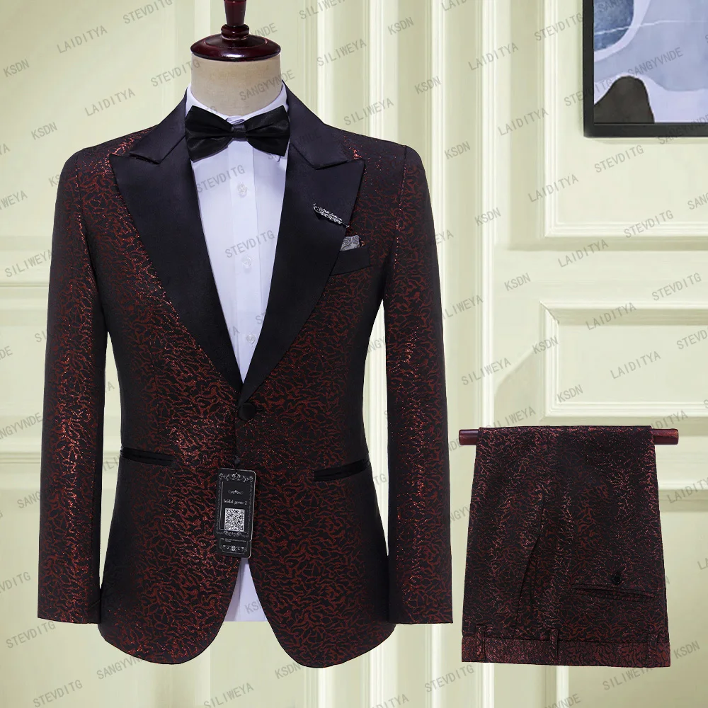

2024 Classic Formal Business Party Men Suits 2 Pieces Burgundy Jacquard Pattern Groom Tuxedos For Wedding Costume Blazer Pant