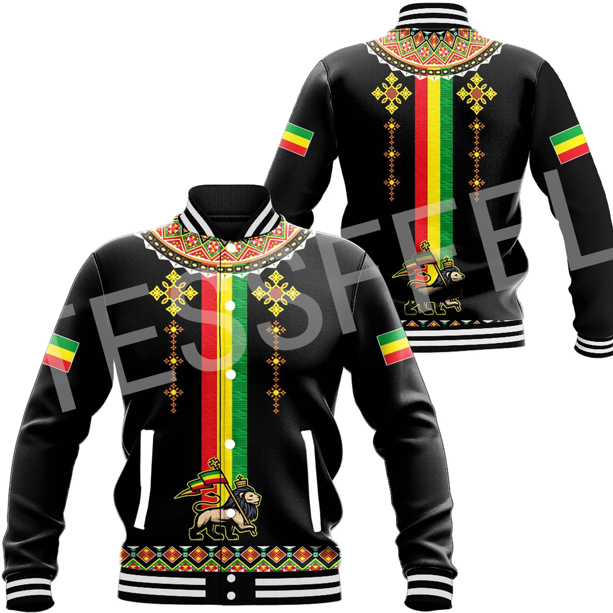 NewFashion Africa Ethiopia Country Flag Tattoo Retro Casual Funny Harajuku Windbreaker Button Bomber Jacket Baseball Jackets X5