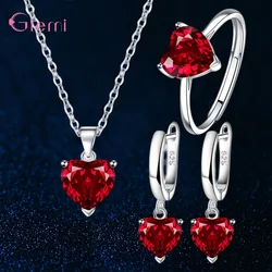 Elegant 925 Silver Jewelry Set with Shiny Crystals - Necklace, Earrings, and Ring (Red)